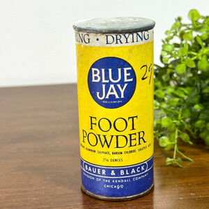 Vintage Blue Jay Foot Powder Tin Bauer & Black Chicago Advertising 2 1/4 Oz